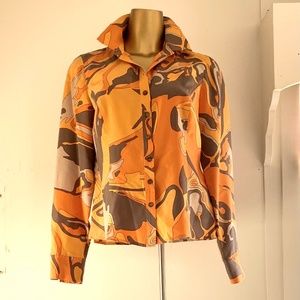 Vintage 70's Silk Shirt Groovy colors and pattern, long sleeve Jones New York 8P